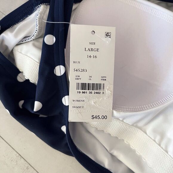 Lands' End Womens UPF 50+ Navy Blue Polka Dot One Piece Swimsuit Large (14/16) - Picture 9 of 10